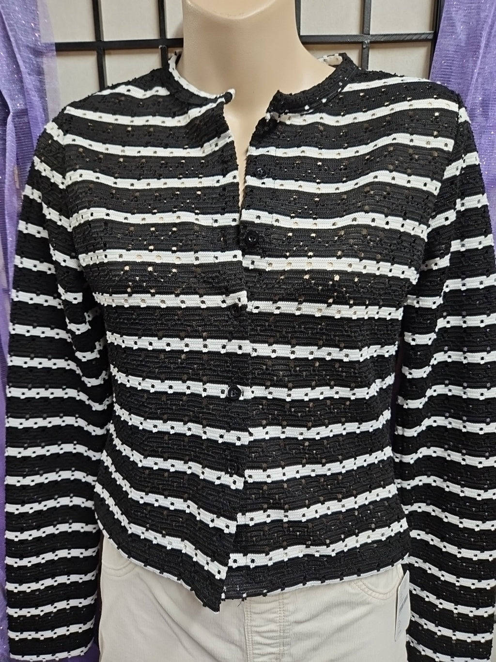 H&M Divided Button Front Black & White Striped Light Weight Cardigan, Size S