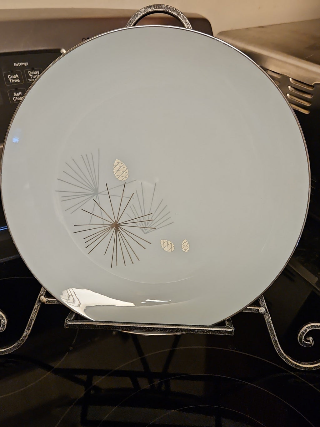 Set Of 8 Vintage MCM Franciscan Silver Pine Dinner Plates 10.5" Platinum Rim
