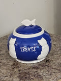Vintage 1990's Blue & White Ceramic Cat Treats Cookie Jar 4.5" X 6"