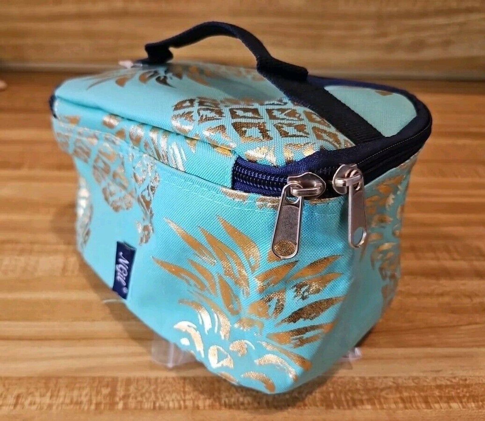 Cosmetic Case Canvas NGIL Teal with gold Pineapples, Navy Accents, Never Used