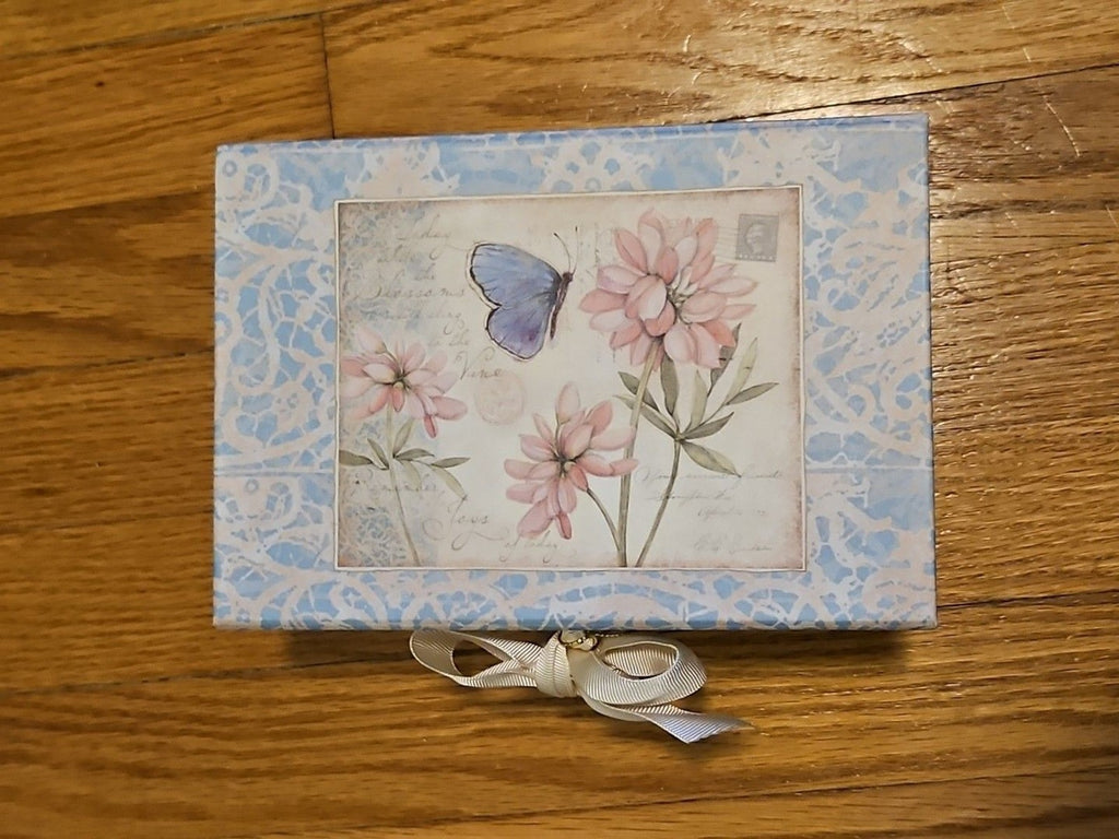 Elegant Storage Box Blue & Pink Floral Butterly Theme With Bow Accent