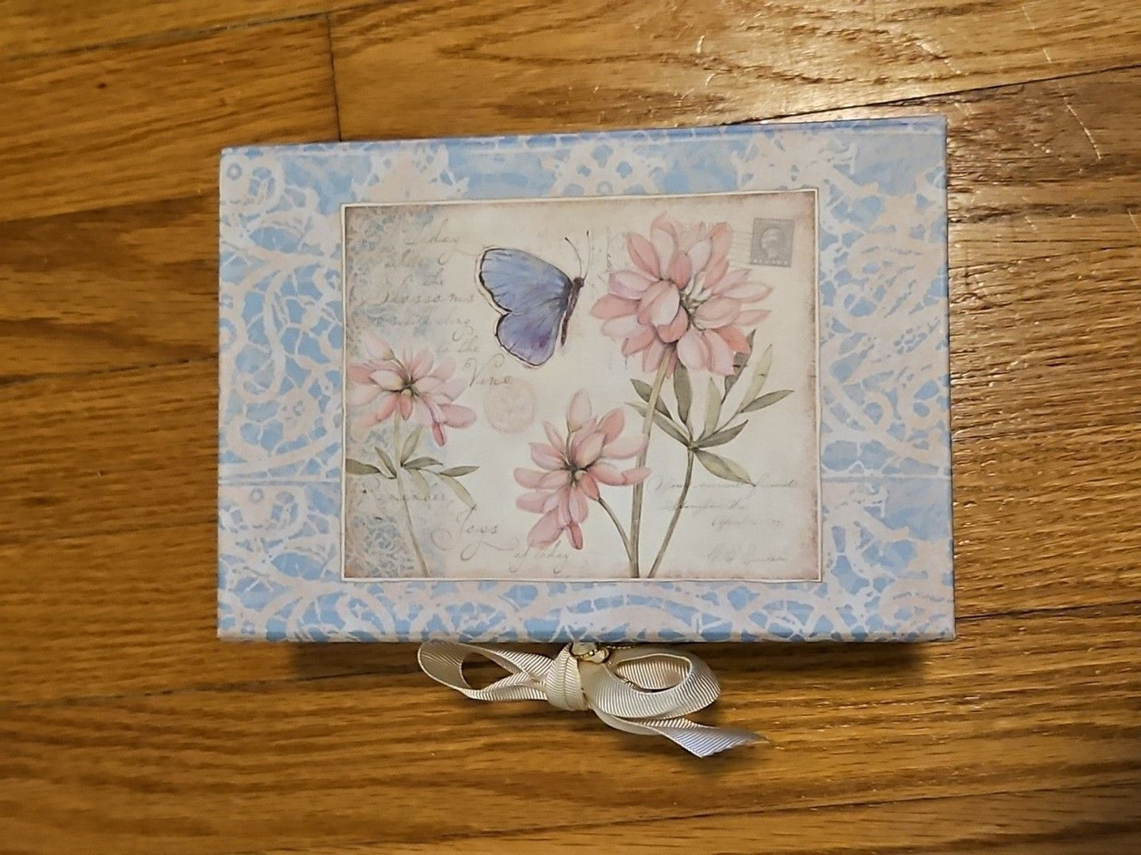 Elegant Storage Box Blue & Pink Floral Butterly Theme With Bow Accent