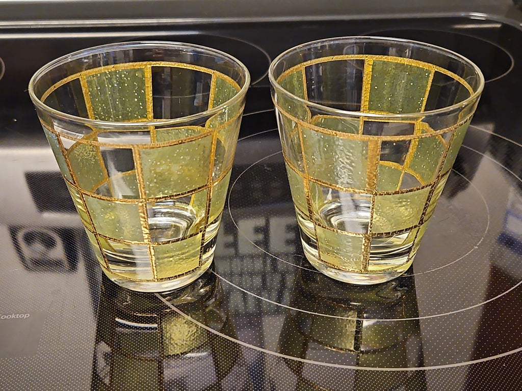 Set Of 2 Vintage Culver Prado Green 22k Gold Trim Lowball Rocks Whiskey glasses
