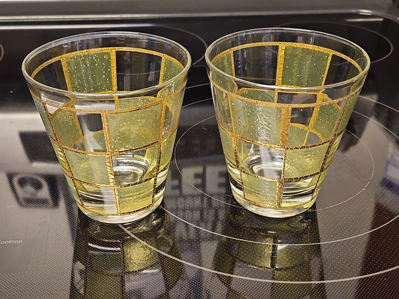 Set Of 2 Vintage Culver Prado Green 22k Gold Trim Lowball Rocks Whiskey glasses