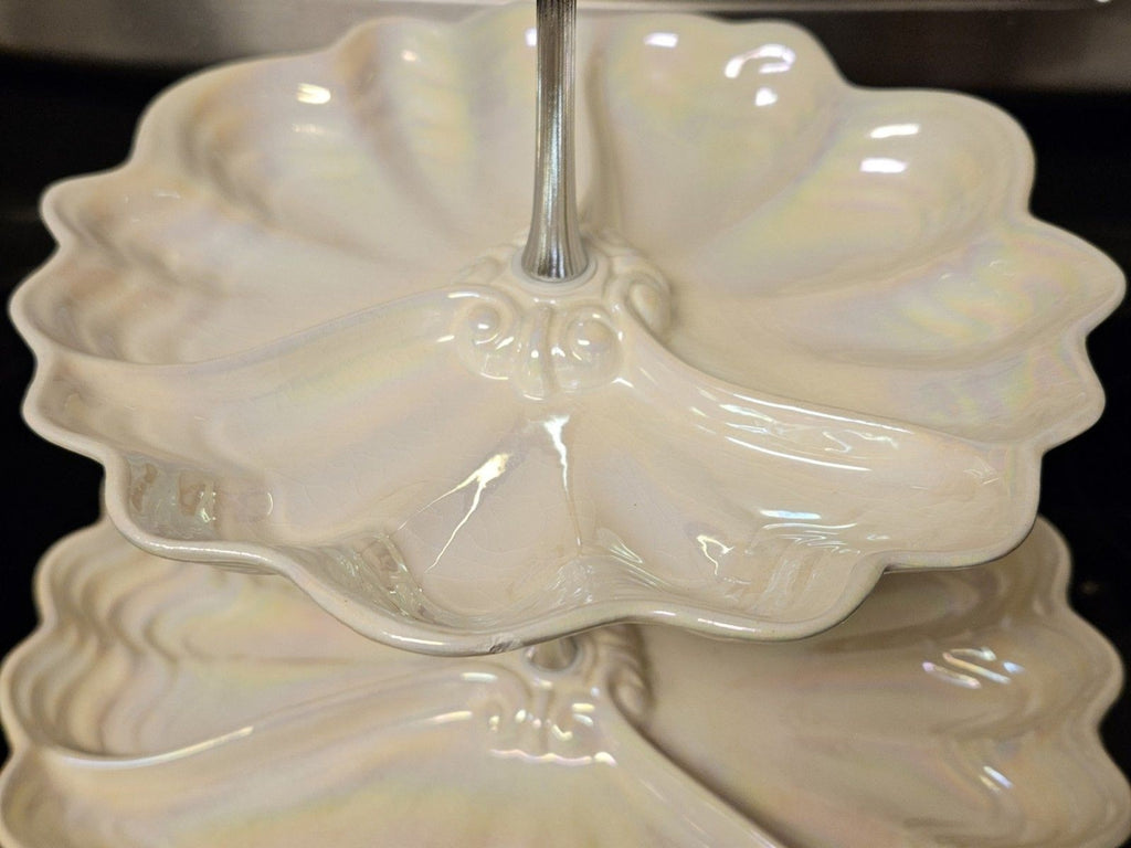 Vintage Maddux Of California Opalescent Cream & Silver 3 Tier Serving Tray READ