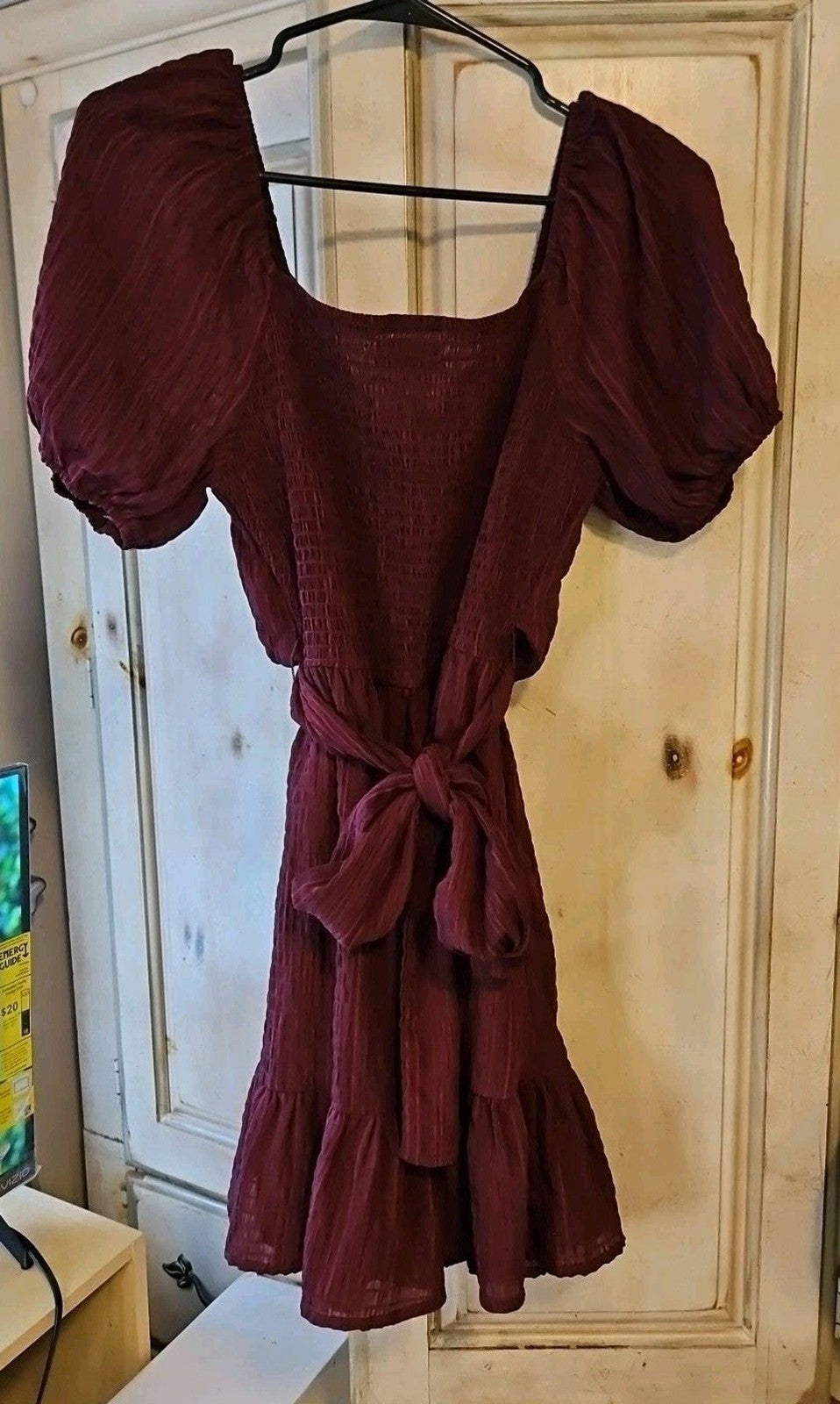 Altar'd State Burgundy Mini Dress, Sz M, Puffed Sleeves, Tie Back, Ruffle Hem