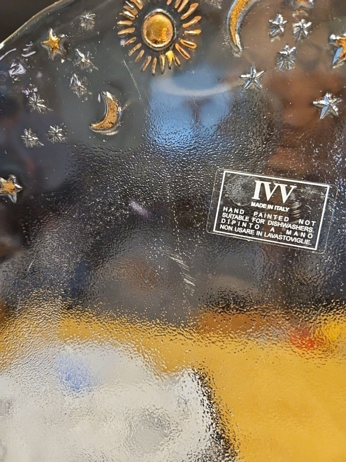 IVV Hand Painted Clear Glass Celestial Moon, Stars, Sun Plate 13.5" Gold Accents