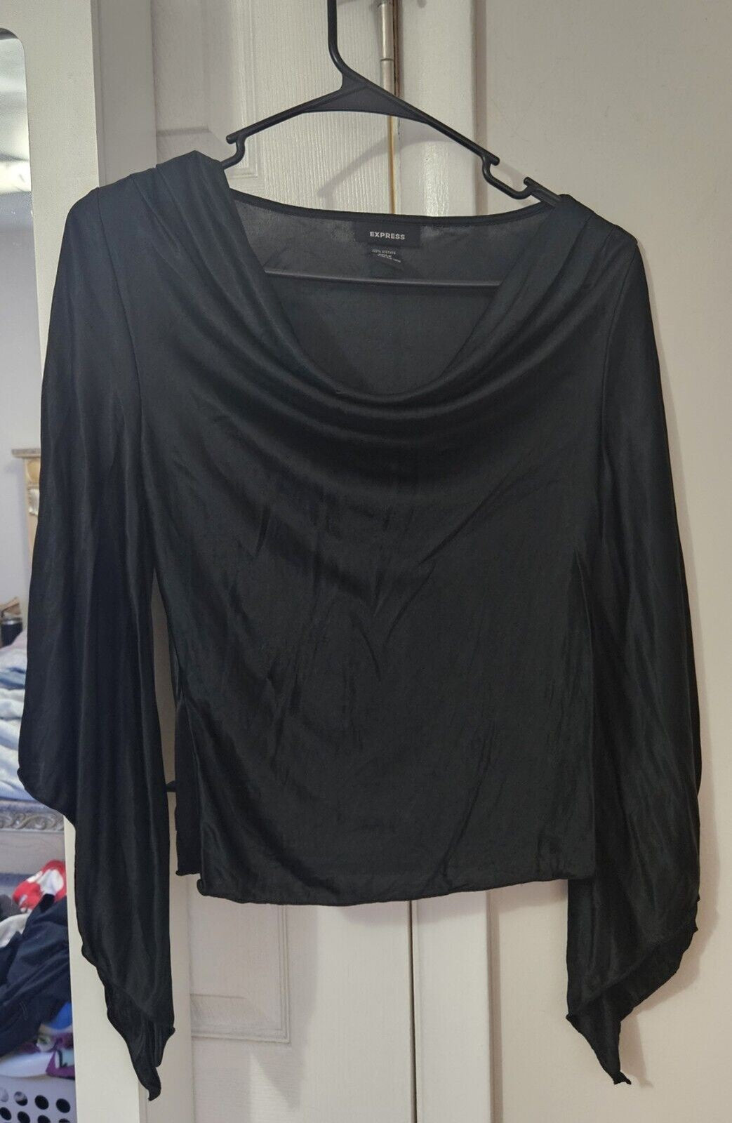 Express Womens Satin Draped Neck Long Angled Sleeve Blouse Black X Small