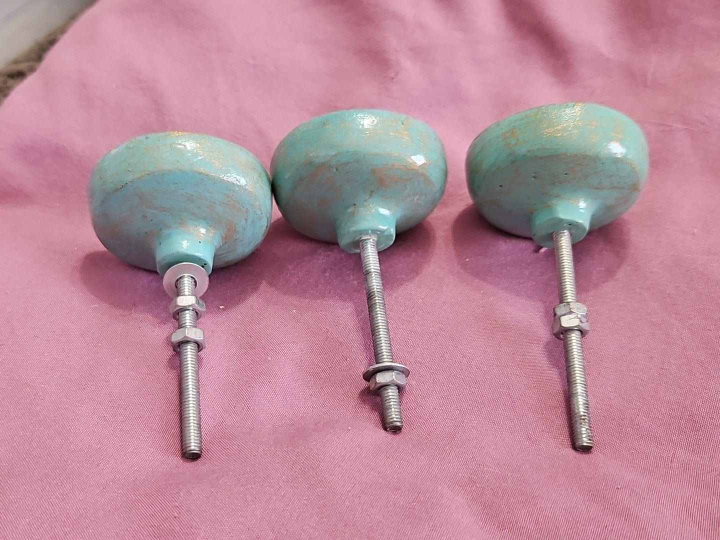 Lot Of 3 Turquoise With Gold Accent 1.5" Drawer Pulls Cabinet Knobs W/ Hardware