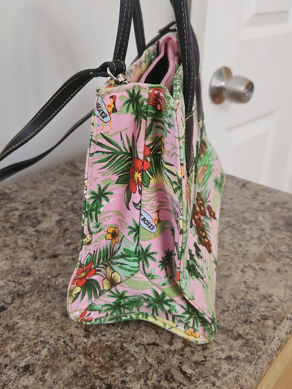 Vintage Y2K Joe Boxer Hawaiian Beaded Canvas Handbag Purse Pink Tropical Print