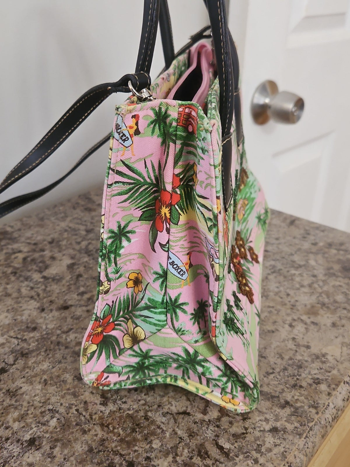 Vintage Y2K Joe Boxer Hawaiian Beaded Canvas Handbag Purse Pink Tropical Print