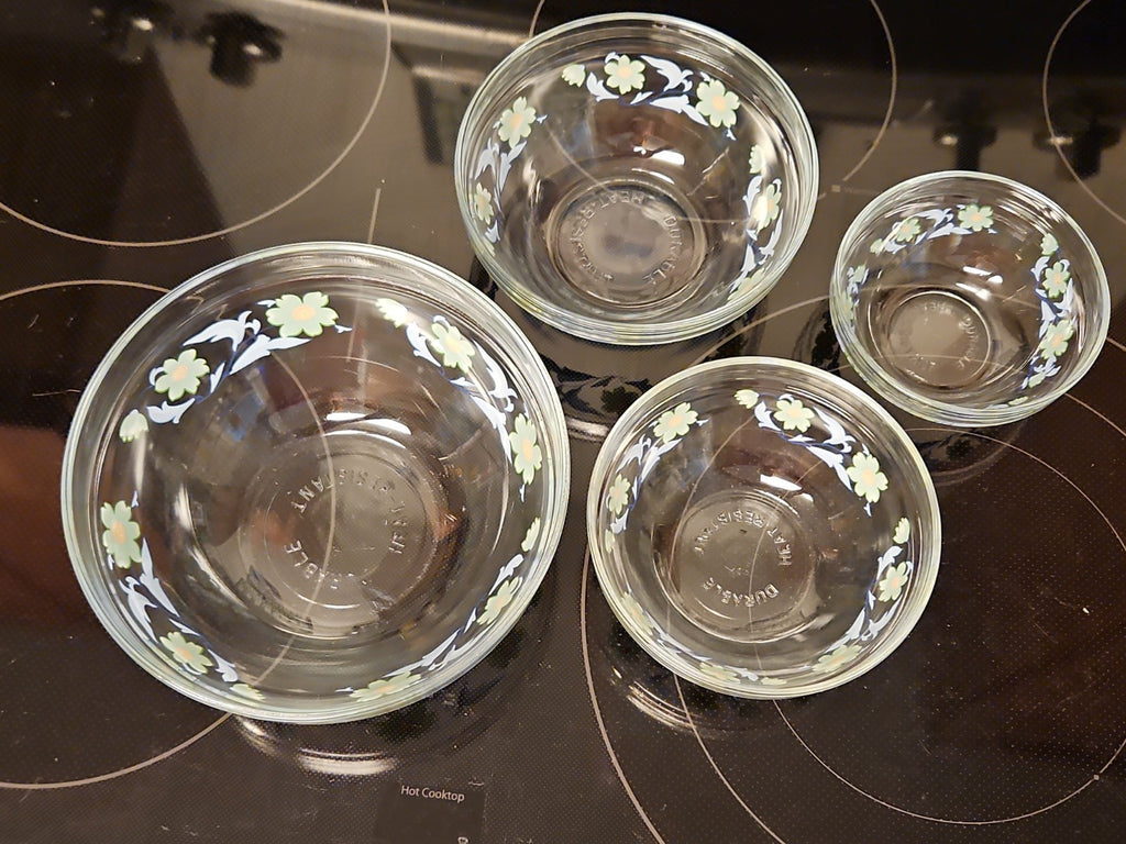Set Of 4 Imperial Glass Green Sunflower Blue Leaves Nesting Bowls EUC