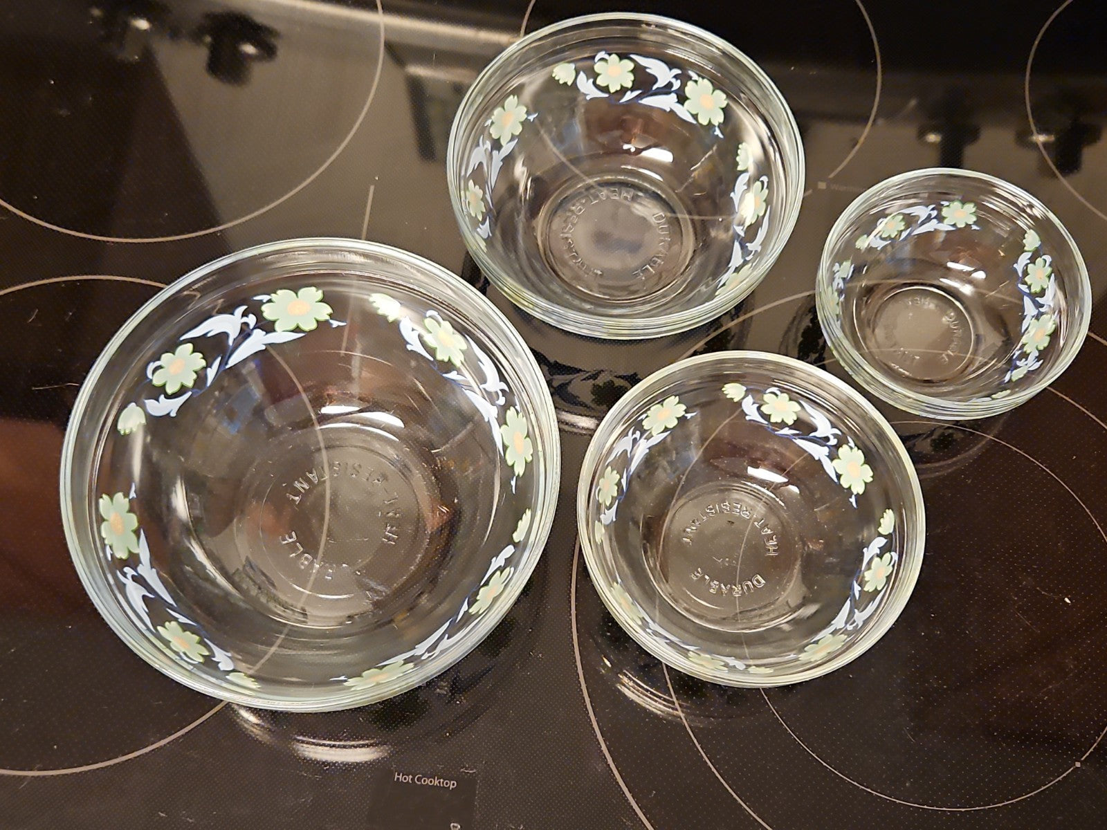 Set Of 4 Imperial Glass Green Sunflower Blue Leaves Nesting Bowls EUC