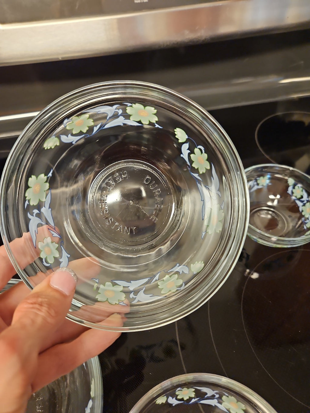 Set Of 4 Imperial Glass Green Sunflower Blue Leaves Nesting Bowls EUC