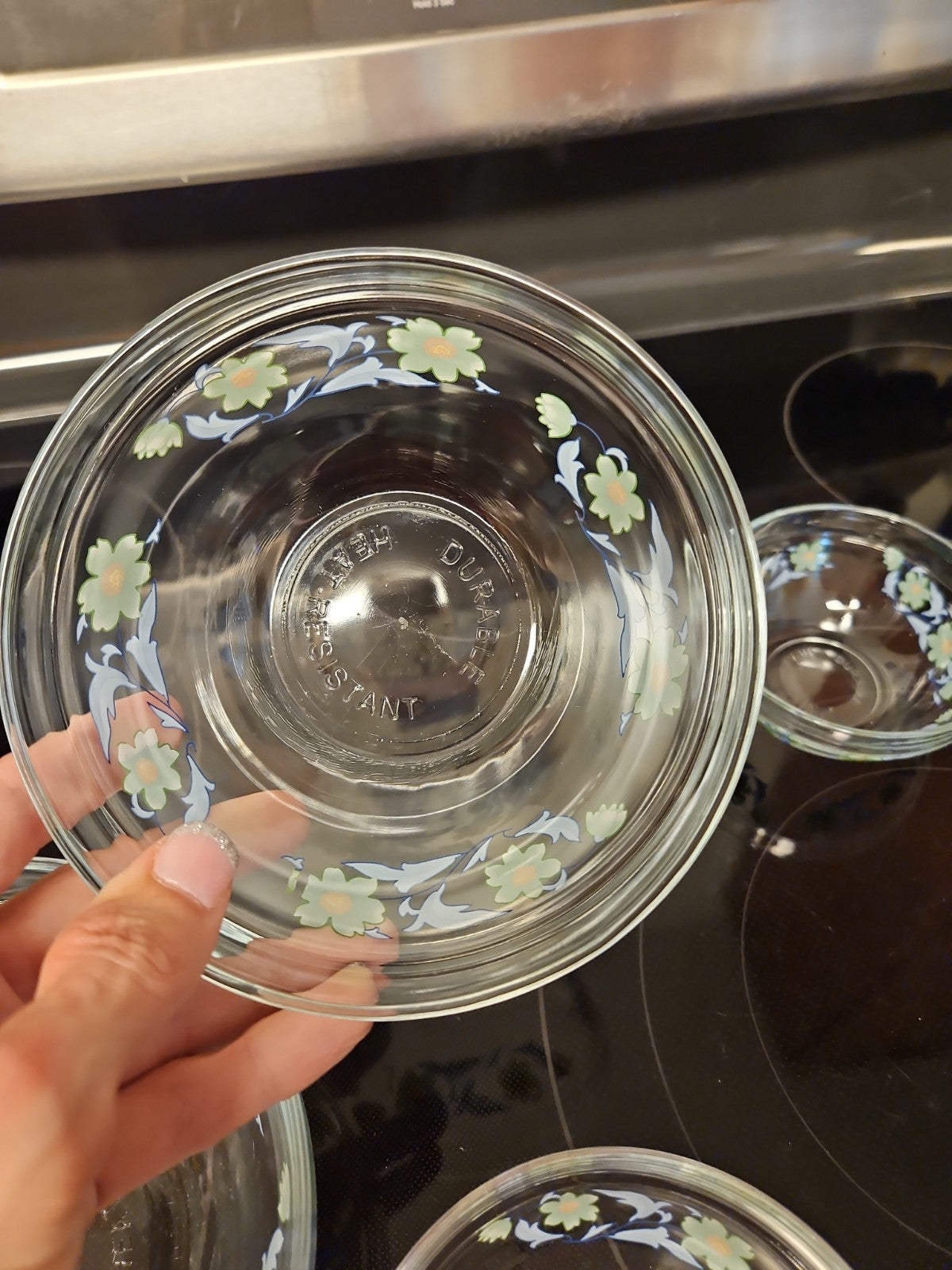Set Of 4 Imperial Glass Green Sunflower Blue Leaves Nesting Bowls EUC