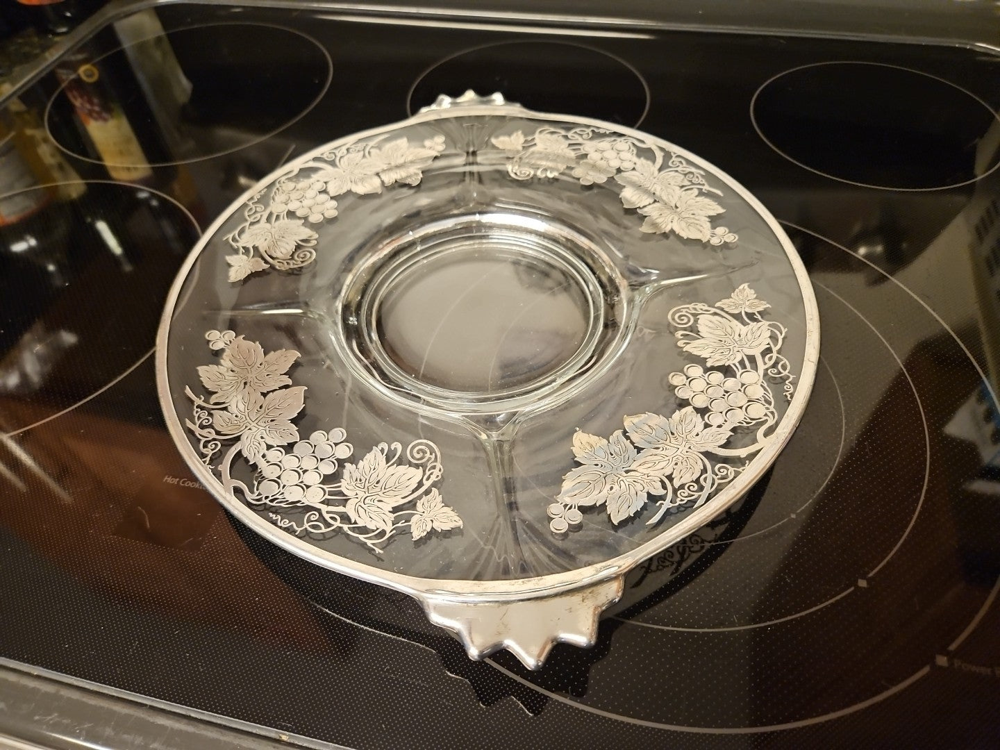 Vintage Glass Serving 11.5" Platter With Silver Grape Vine & Leaves Design