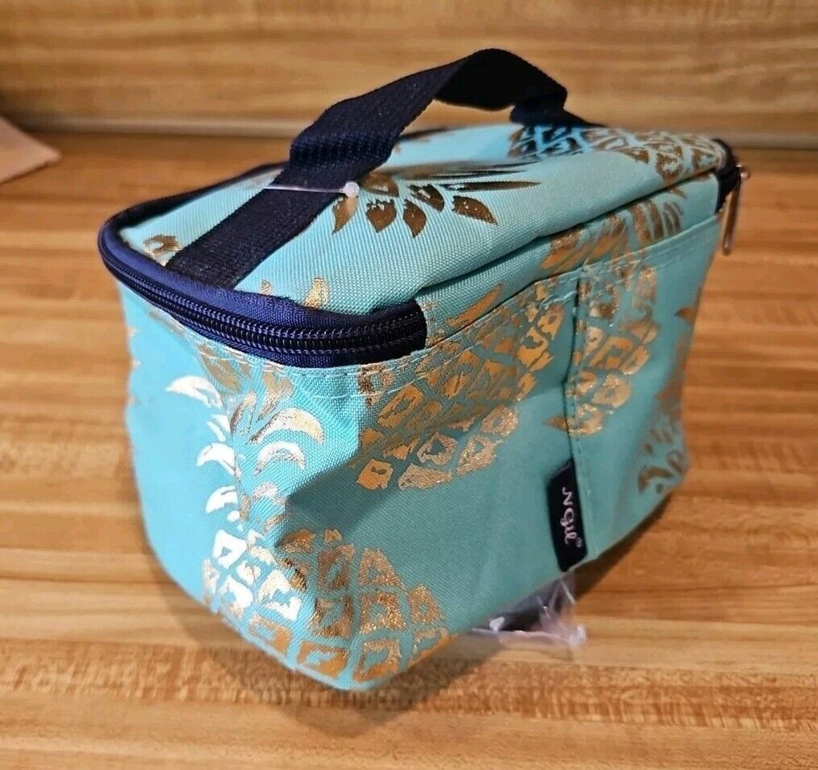 Cosmetic Case Canvas NGIL Teal with gold Pineapples, Navy Accents, Never Used