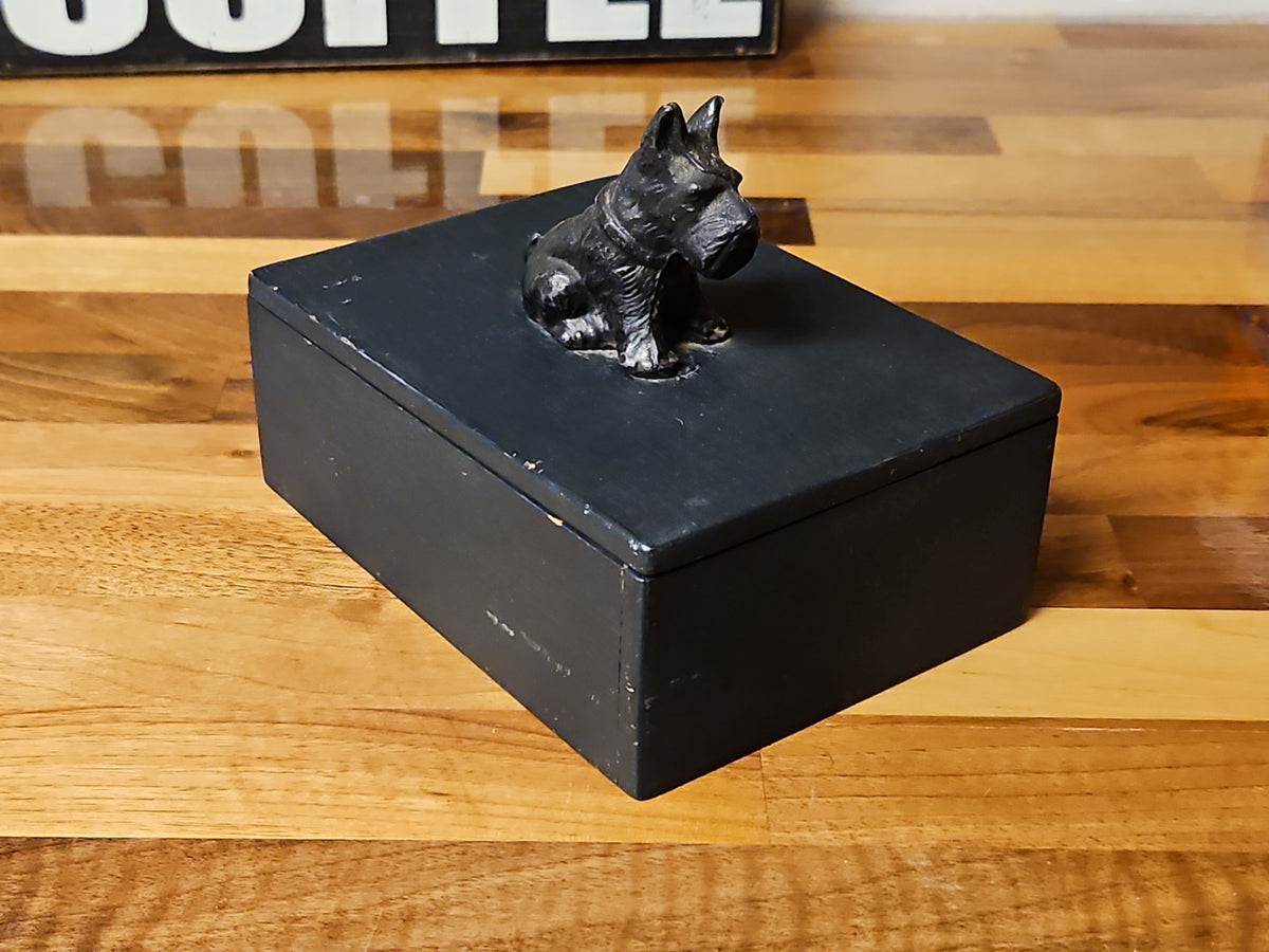 Vintage Art Deco Black Metal Scottie Dog On Wooden Trinket Box 1930s 5.75"×4.25"