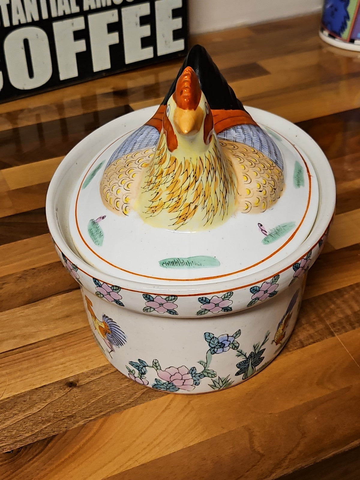 Vintage Chinese Famille Rose  Rooster Ceramic Tureen with Lid