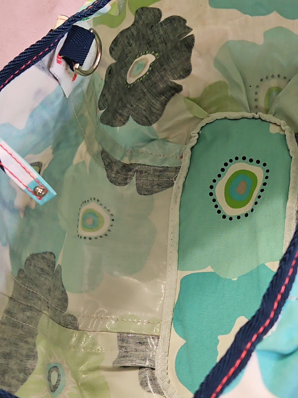 Thirty One Pleated Top Beach Tote 129 Newport Bloom Blue Green Cream 20x13x5"