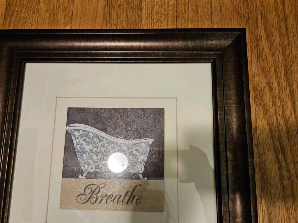 Blue & White Fleur De Lis French Bathtub Breathe Print Matted & Framed 15"x15"
