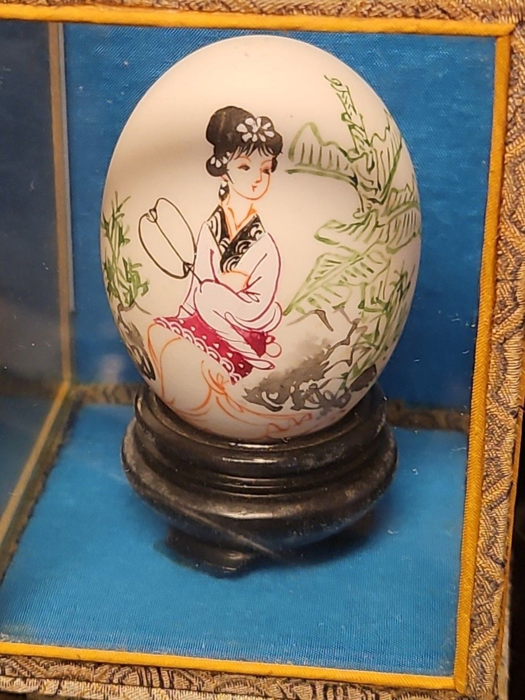 Vintage Chinese Art Hand Painted Egg Shell Woman With Fan Encased In Box 3"x5"