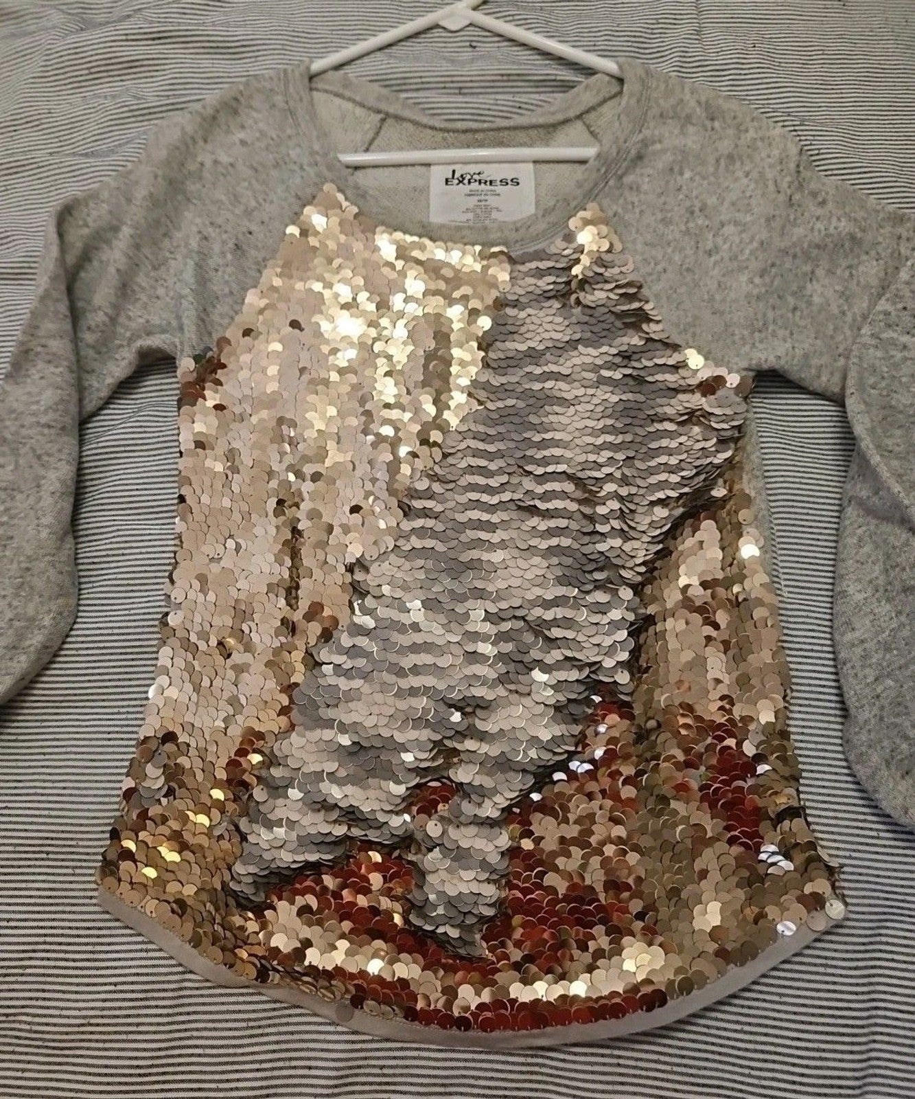 Love Express Women's XS Mermaid Gold & Silver Sequin Shirt Long Sleeve Top Gray
