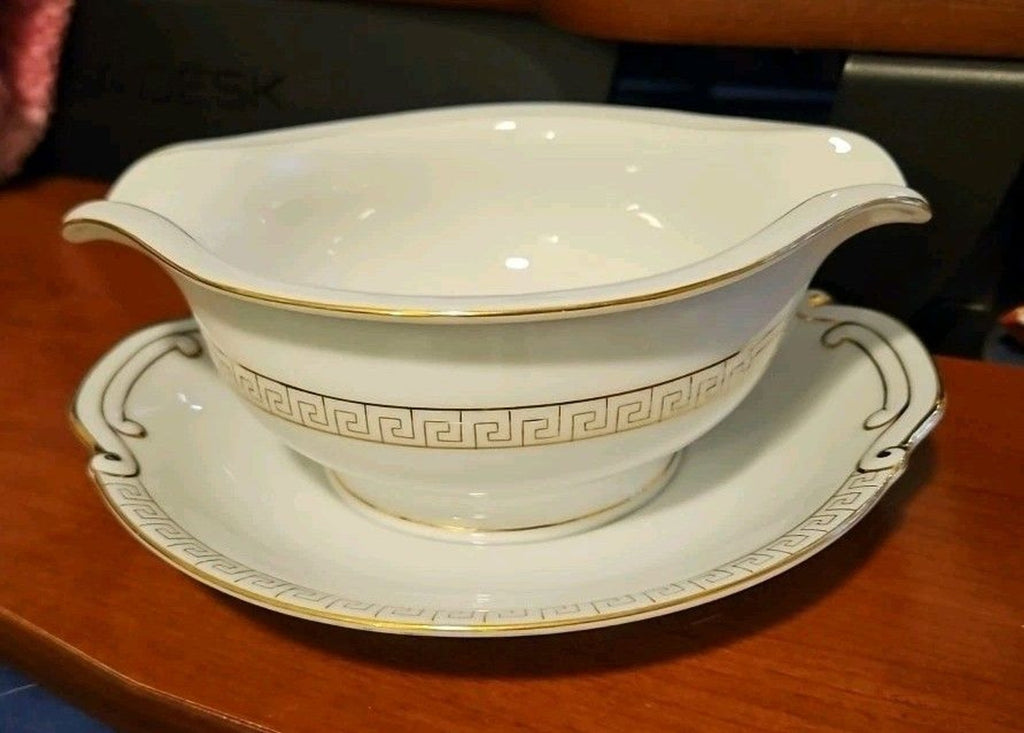 Sone China Gravy Boat with Attached Underplate #1879 Golden Greek Key Pattern