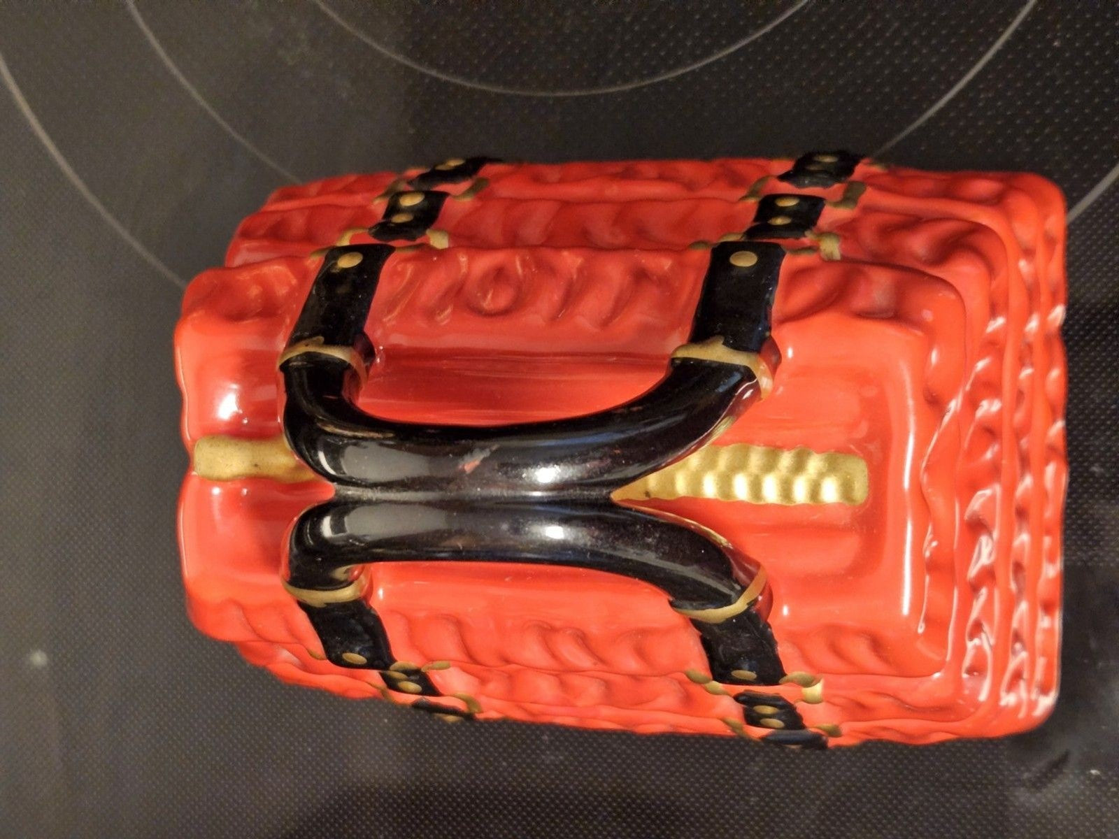 David's Cookies Ceramic Red Pleated Purse Cookie Jar Candy Dish Collectible