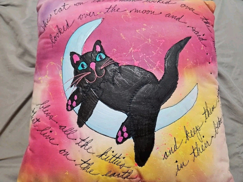 Artisan Signed Hand Painted & Embroidered Throw Pillow Colorful Cat Theme