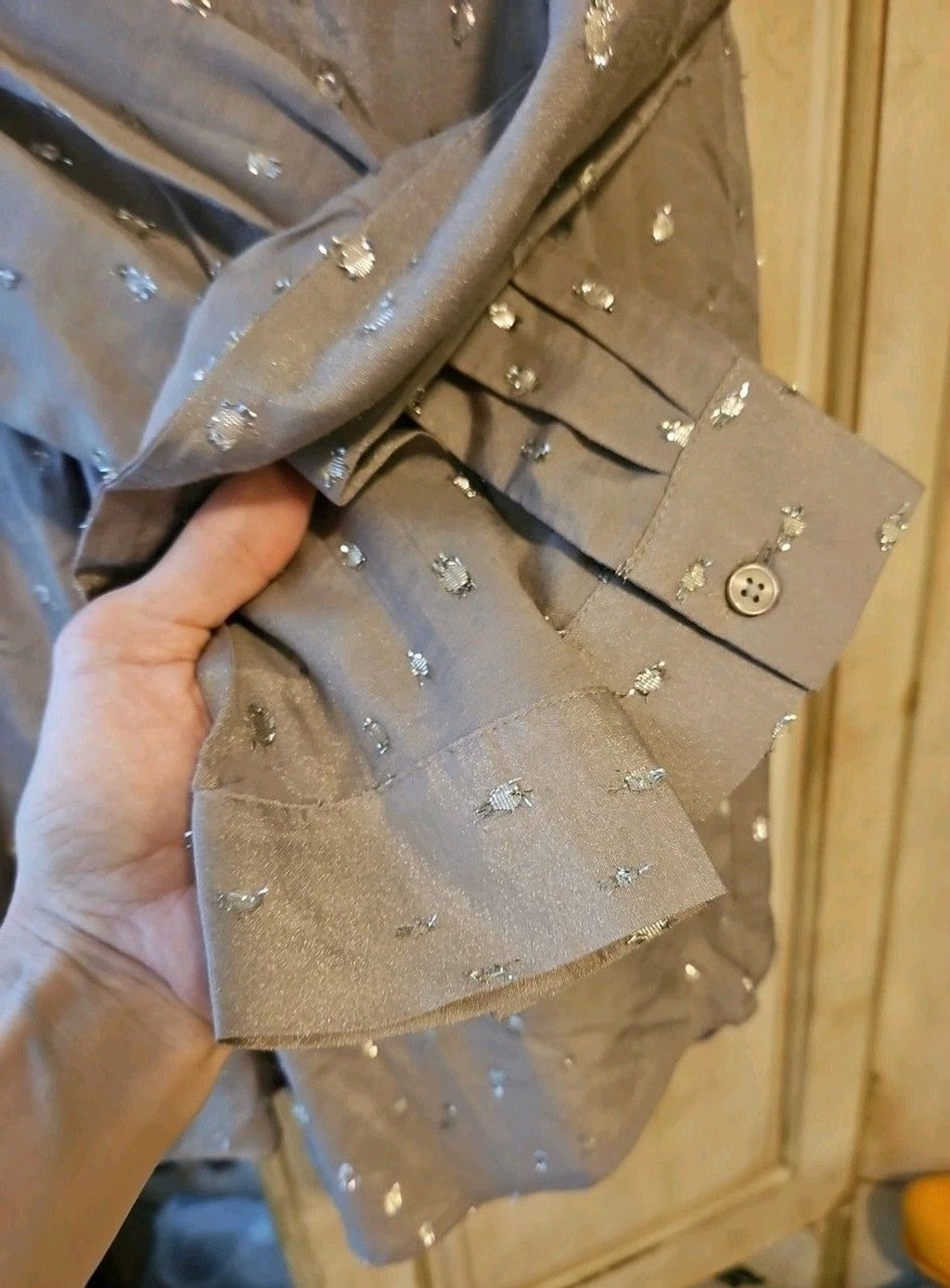 Ann Taylor Grey Henley Blouse With Silver Metallic Raised Polka Dots Sz XS