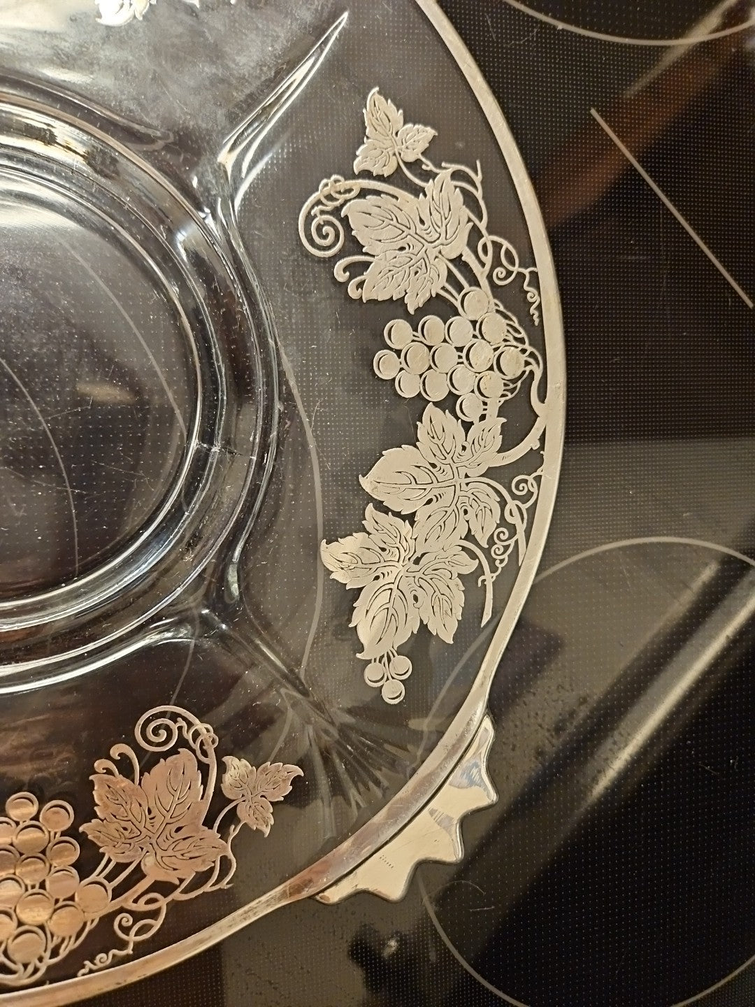 Vintage Glass Serving 11.5" Platter With Silver Grape Vine & Leaves Design