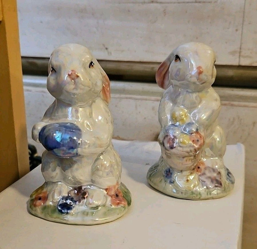 Set Of 2 Iridescent Easter Bunny Ceramic Figurines, Beautiful!