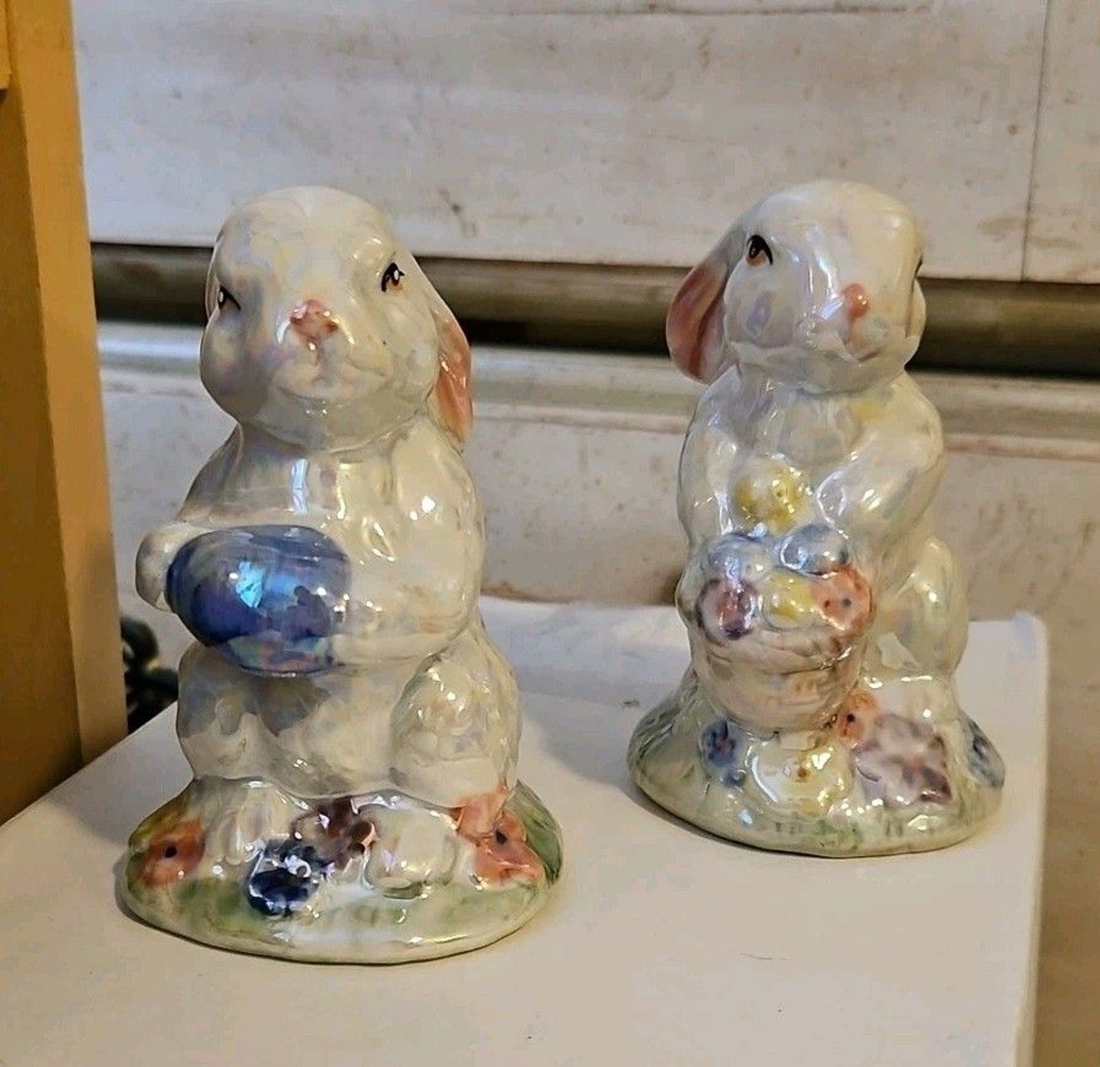 Set Of 2 Iridescent Easter Bunny Ceramic Figurines, Beautiful!