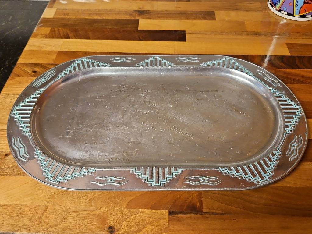 Vintage Wilton Armetale Zia Turquoise Southwestern Oval Serving Platter  18.5"