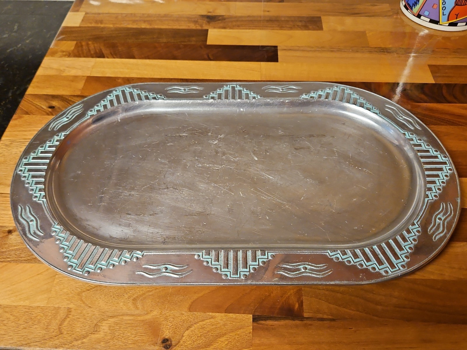 Vintage Wilton Armetale Zia Turquoise Southwestern Oval Serving Platter  18.5"
