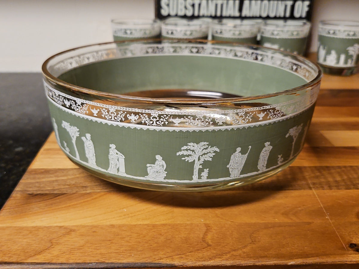 Vintage MCM Jeannette Glass Hellenic Green Grecian Serving Bowl With 5 Tumblers