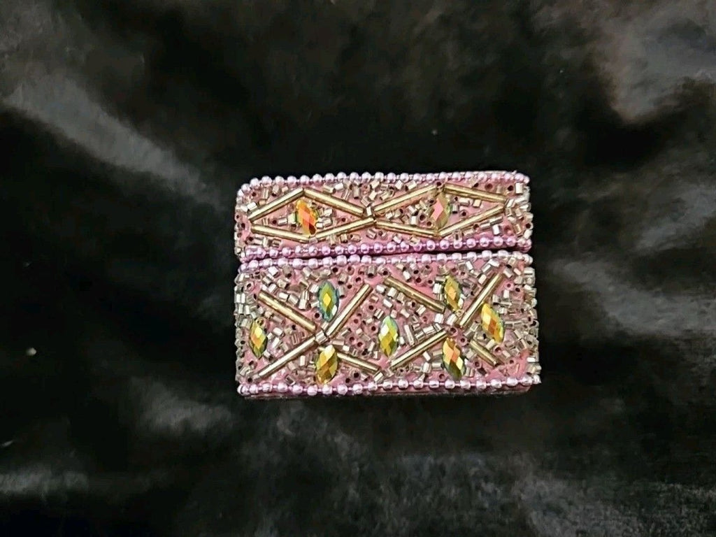 Cute Vintage Look Painted Beaded Trinket  Box With Cat Image And Wooden Inside