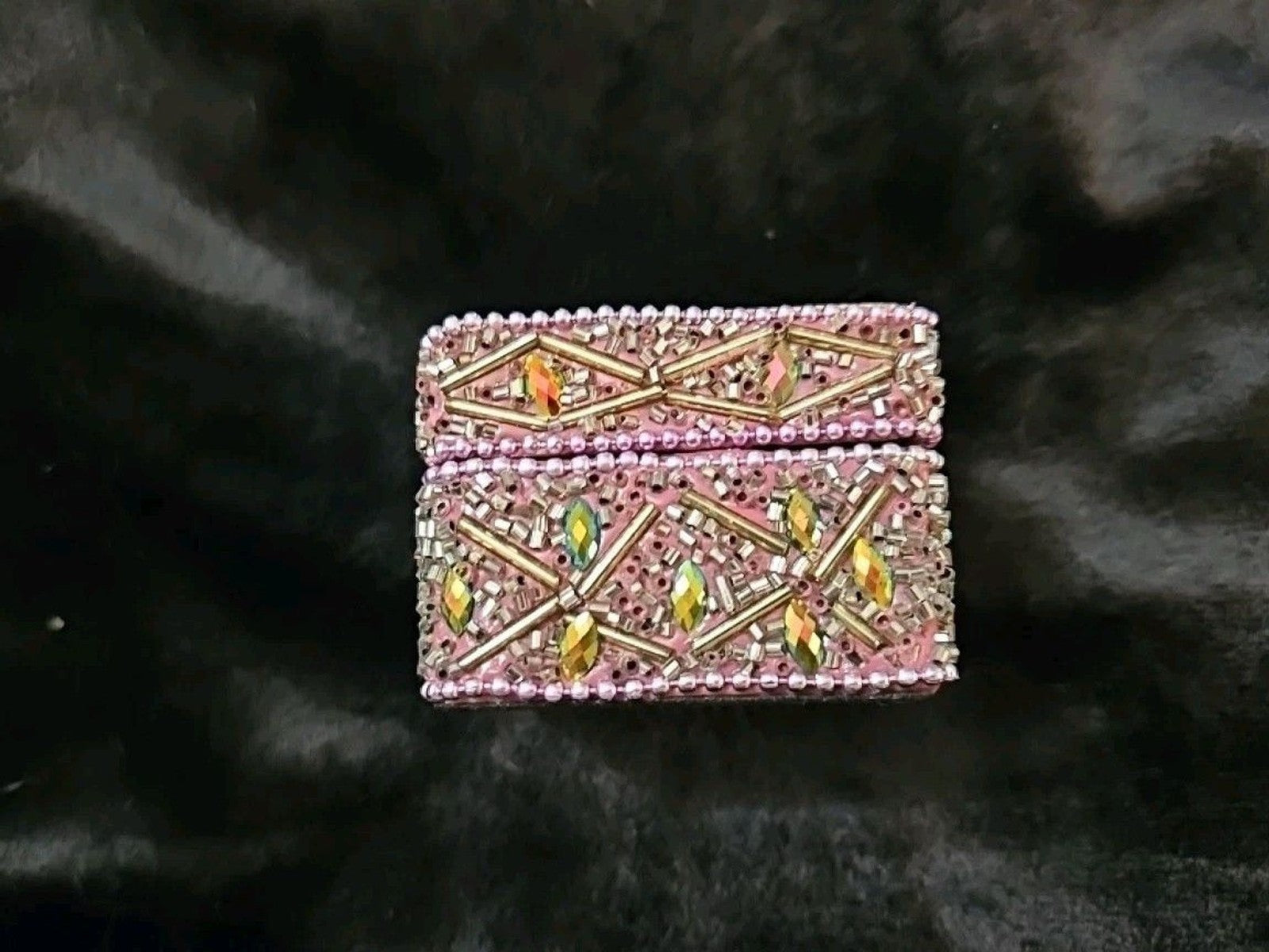 Cute Vintage Look Painted Beaded Trinket  Box With Cat Image And Wooden Inside