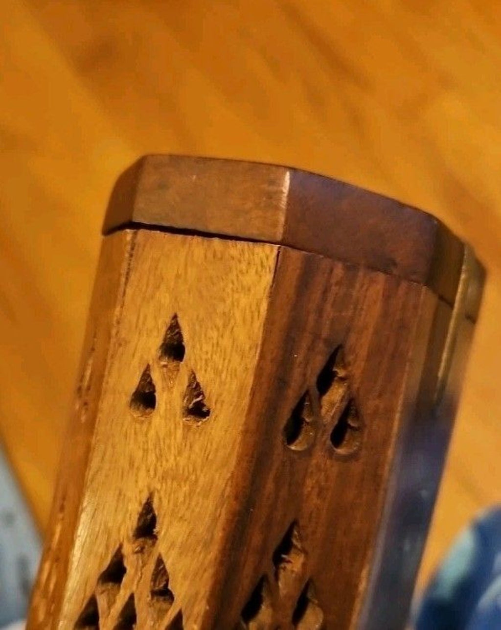 Vintage Wooden Incense Holder Brass Inlaid Stars & Moon w/ Hidden Compartment