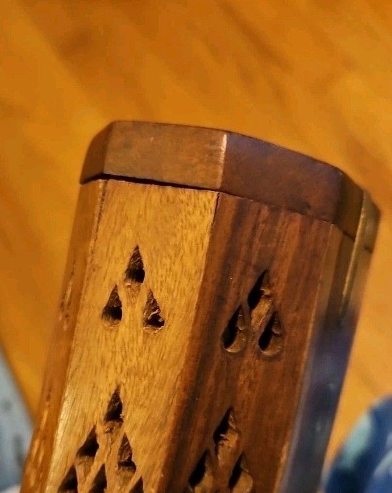 Vintage Wooden Incense Holder Brass Inlaid Stars & Moon w/ Hidden Compartment