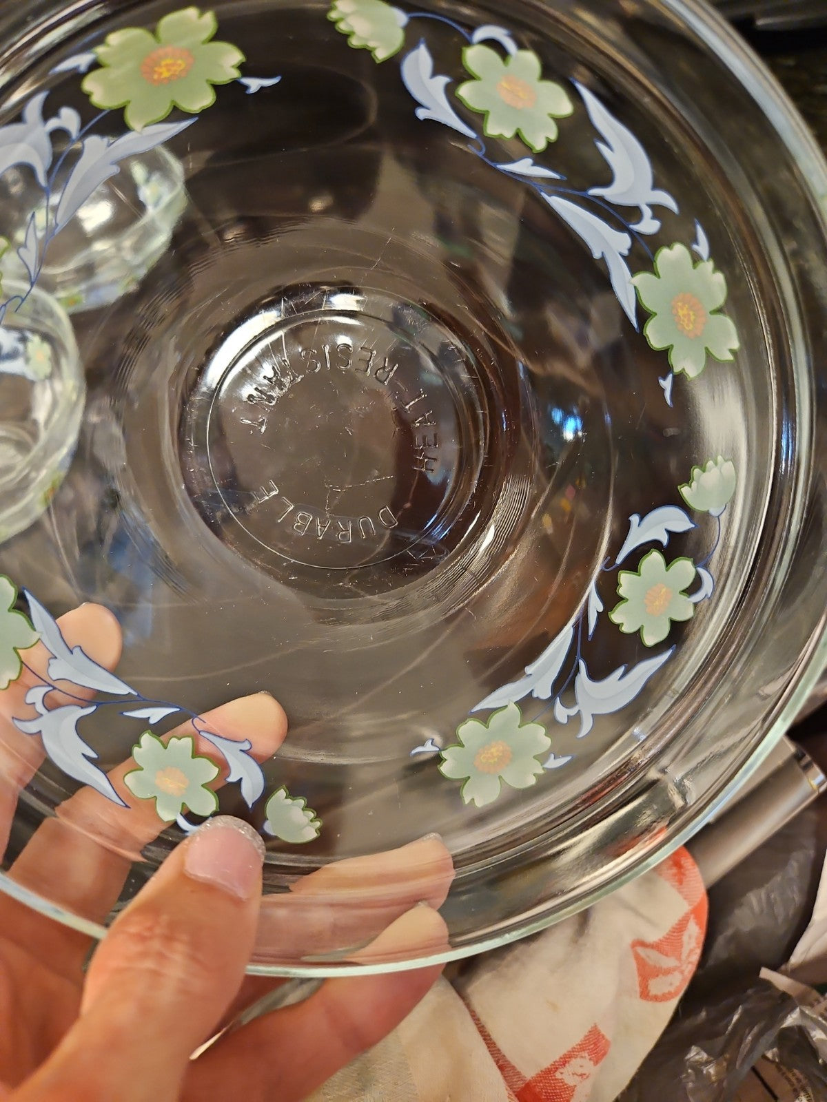 Set Of 4 Imperial Glass Green Sunflower Blue Leaves Nesting Bowls EUC