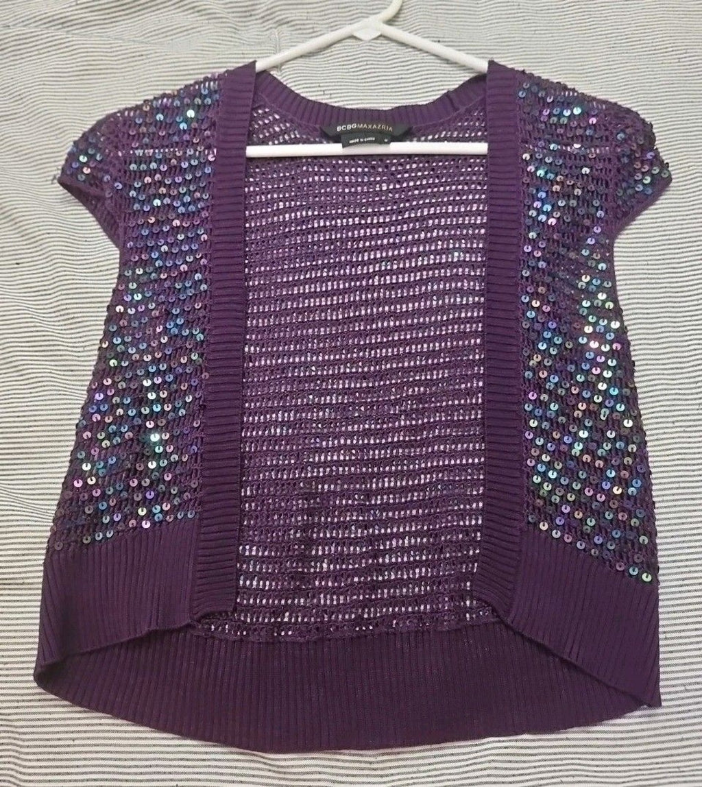 BCBGMAXAZRIA Women's 100% Silk Purple Knit Shrug With Blue Sequins Size M