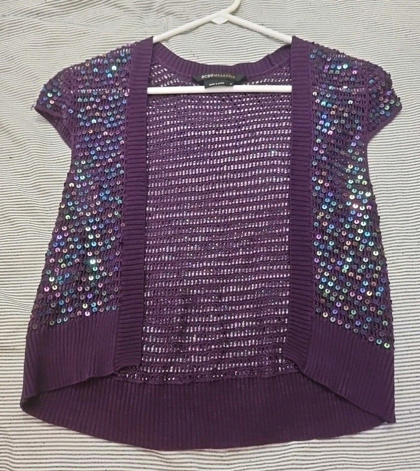 BCBGMAXAZRIA Women's 100% Silk Purple Knit Shrug With Blue Sequins Size M
