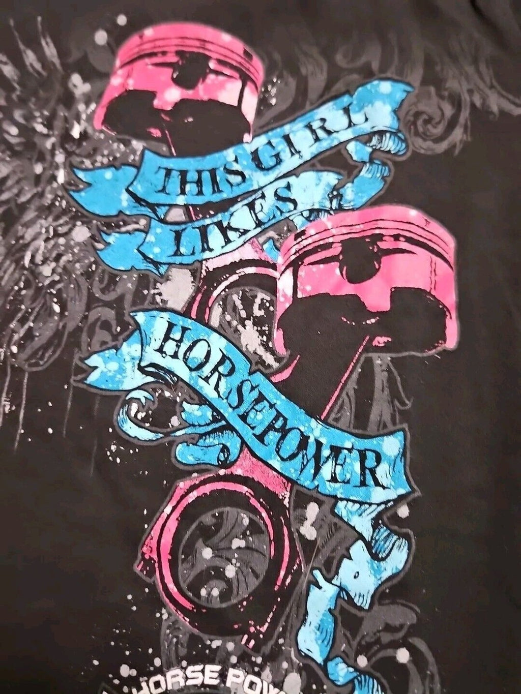 This Girl Loves Horsepower Graphic Racing T Shirt S Black Ladies Cut