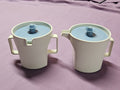 Vintage Tupperware Sugar & Creamer Set Push Tops 1414 & 1415 White W/ Blue Lids