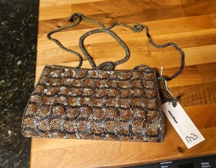 Menbur Spain Clutch Purse With Shoulder Strap Bronze Beaded NWT Damaged
