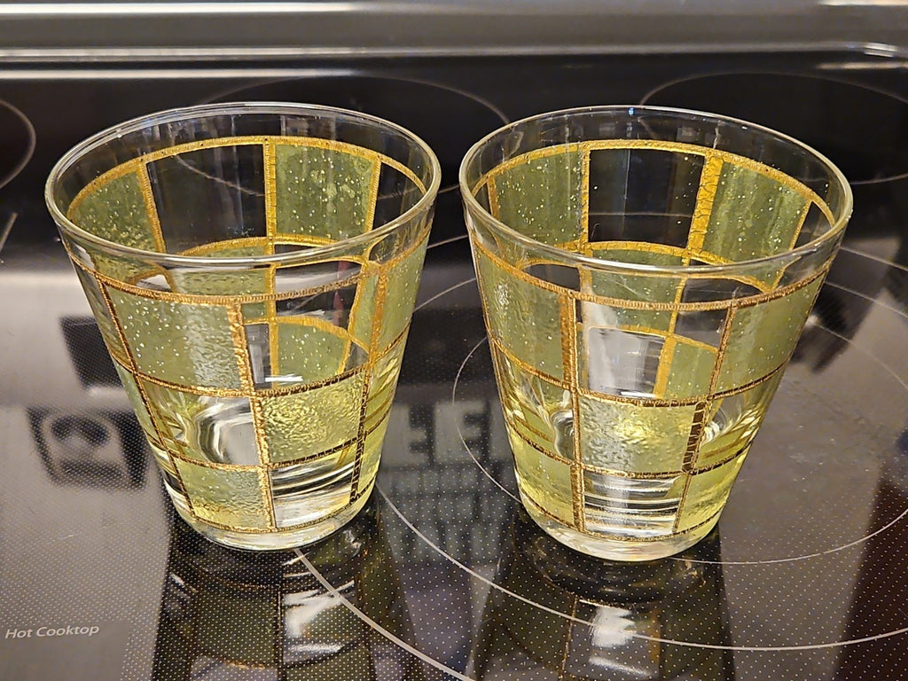 Set Of 2 Vintage Culver Prado Green 22k Gold Trim Lowball Rocks Whiskey glasses