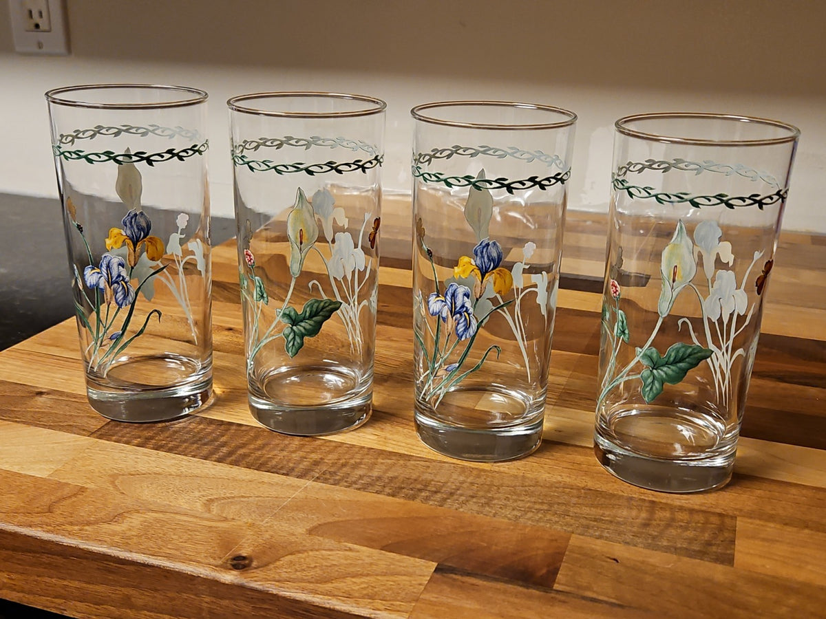Set of 4 Vintage Floral Highball Tumbler Glasses Blue Iris & White Calla Lily