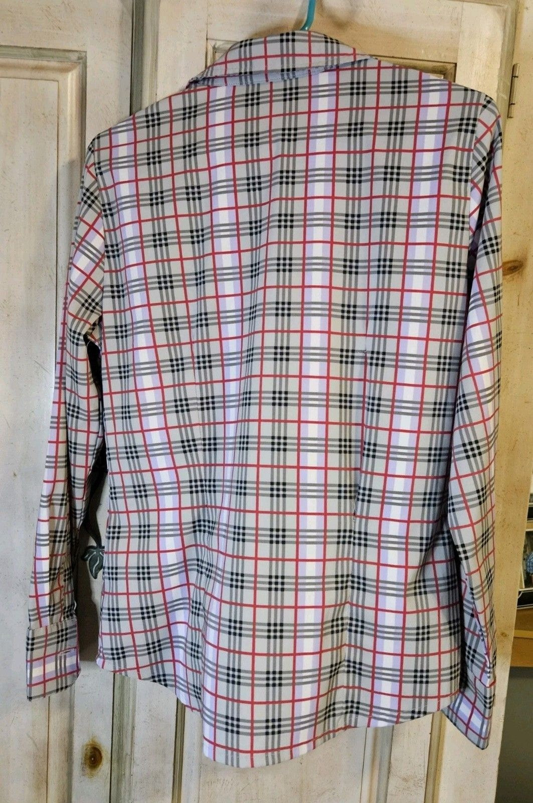 iCO Ladies' Cool Stretch Blouse Long Sleeve - Sz M Pink Purple Grey Plaid